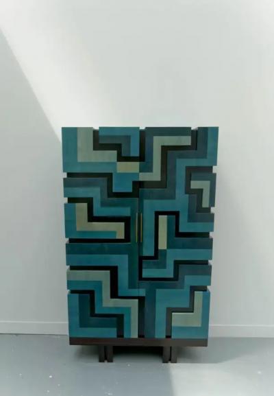 Aymeric Lefort Cabinet Labyrinthe in Bleu and Grey Tinted Charm by Aymeric Lefort