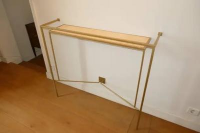 Aymeric Lefort Console in Gold Bronze Brass Patina with One Sycamore Shelve by Aymeric Lefort