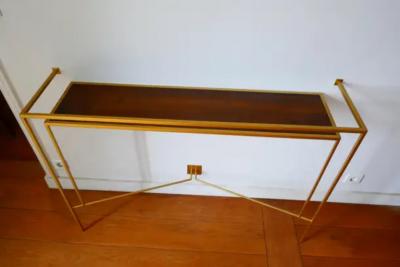Aymeric Lefort Console in Gold Bronze Brass Patina with One Walnut Shelve by Aymeric Lefort