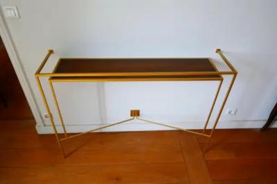 Aymeric Lefort Console in Gold Bronze Brass Patina with One Walnut Shelve by Aymeric Lefort