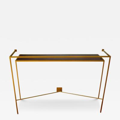 Aymeric Lefort Console in Gold Bronze Brass Patina with One Walnut Shelve by Aymeric Lefort