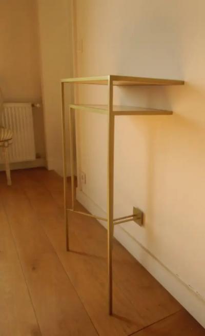 Aymeric Lefort Console in Gold Bronze Patina with tow Sycamore Shelves by Aymeric Lefort