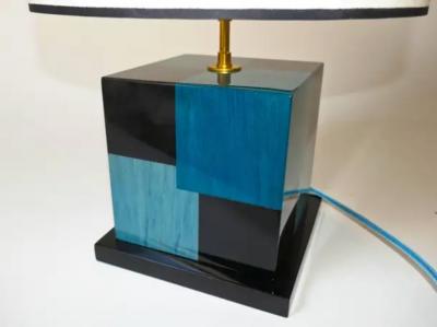 Aymeric Lefort New Black and Blue Table Lamp in Wood Marquetry by Aymeric Lefort