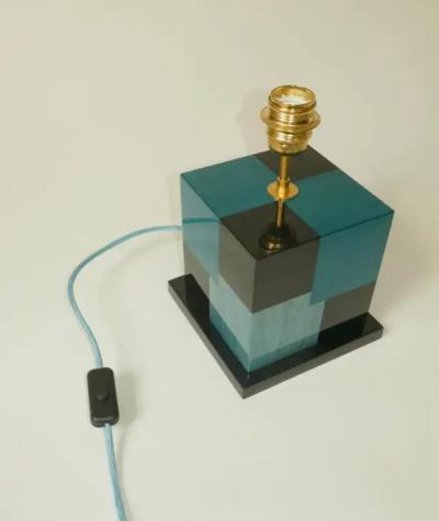 Aymeric Lefort New Black and Blue Table Lamp in Wood Marquetry by Aymeric Lefort