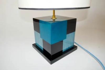 Aymeric Lefort New Black and Blue Table Lamp in Wood Marquetry by Aymeric Lefort