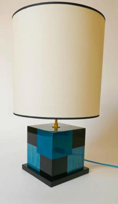 Aymeric Lefort New Black and Blue Table Lamp in Wood Marquetry by Aymeric Lefort