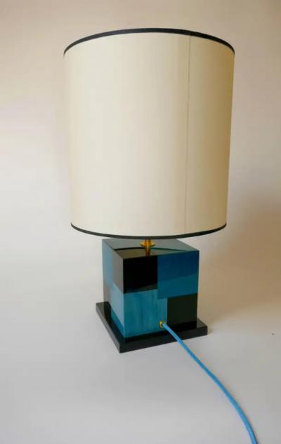 Aymeric Lefort New Black and Blue Table Lamp in Wood Marquetry by Aymeric Lefort