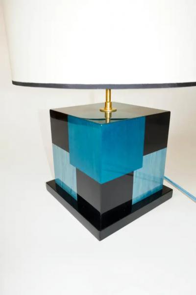 Aymeric Lefort New Black and Blue Table Lamp in Wood Marquetry by Aymeric Lefort
