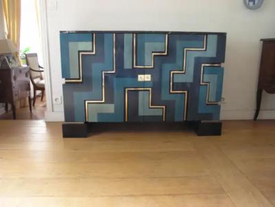 Aymeric Lefort New Black and Blue Table Lamp in Wood Marquetry by Aymeric Lefort