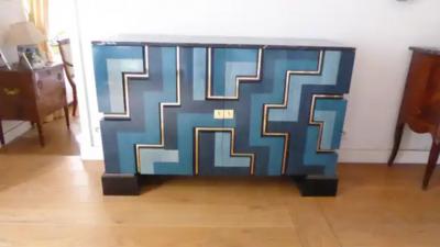 Aymeric Lefort New Black and Blue Table Lamp in Wood Marquetry by Aymeric Lefort