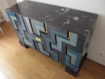 Aymeric Lefort New Black and Blue Table Lamp in Wood Marquetry by Aymeric Lefort