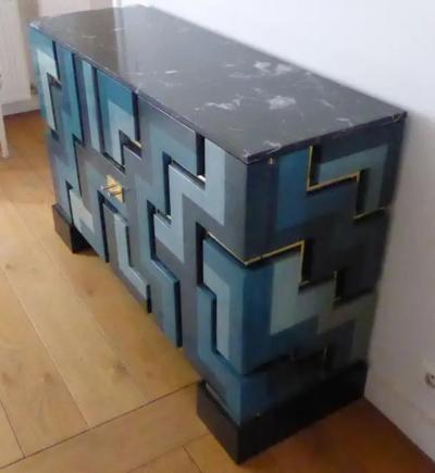 Aymeric Lefort New Blue wood Marquetry Buffet Black Marble and Bronze Filets