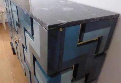 Aymeric Lefort New Blue wood Marquetry Buffet Black Marble and Bronze Filets