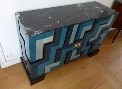 Aymeric Lefort New Blue wood Marquetry Buffet Black Marble and Bronze Filets