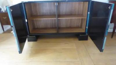 Aymeric Lefort New Blue wood Marquetry Buffet Black Marble and Bronze Filets