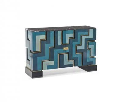 Aymeric Lefort New Blue wood Marquetry Buffet Black Marble and Bronze Filets