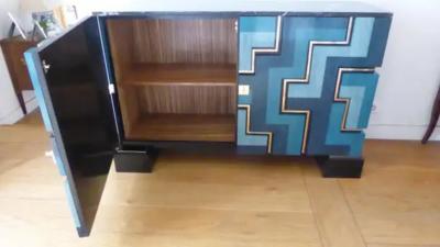 Aymeric Lefort New Blue wood Marquetry Buffet Black Marble and Bronze Filets