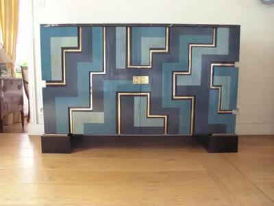 Aymeric Lefort New Blue wood Marquetry Buffet Black Marble and Bronze Filets
