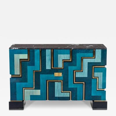Aymeric Lefort New Blue wood Marquetry Buffet Black Marble and Bronze Filets