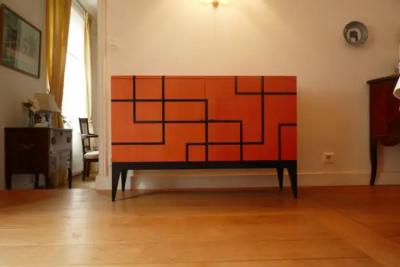 Aymeric Lefort New Buffet in Hermes Orange Feu and Black Marquetery by Aymeric Lefort