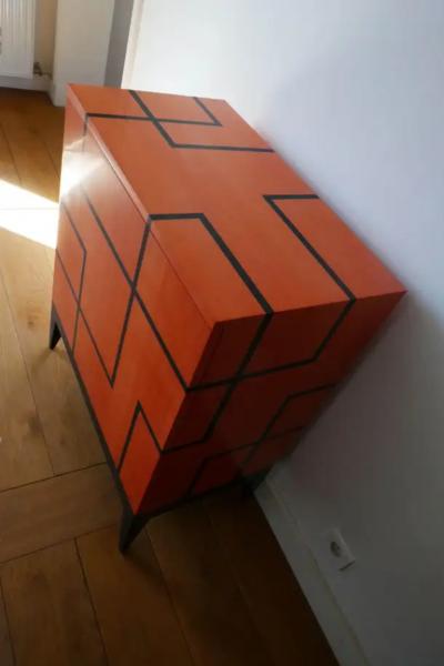 Aymeric Lefort New Buffet in Hermes Orange and Black Sycamore Marquetry by Aymeric Lefort