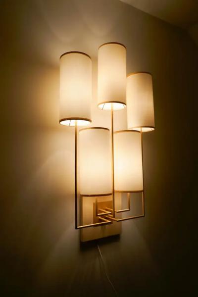 Aymeric Lefort New Gold Patina Pair of Wall Lamp Sconce and White Fabric Lamp Shades