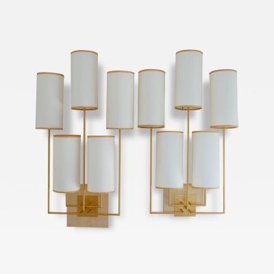 Aymeric Lefort New Gold Patina Pair of Wall Lamp Sconce and White Fabric Lamp Shades