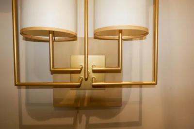 Aymeric Lefort New Gold Patina Pair of Wall Lamp Sconce in and White Fabric Lamp Shades