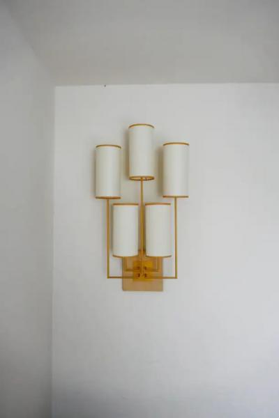 Aymeric Lefort New Gold Patina Pair of Wall Lamp Sconce in and White Fabric Lamp Shades