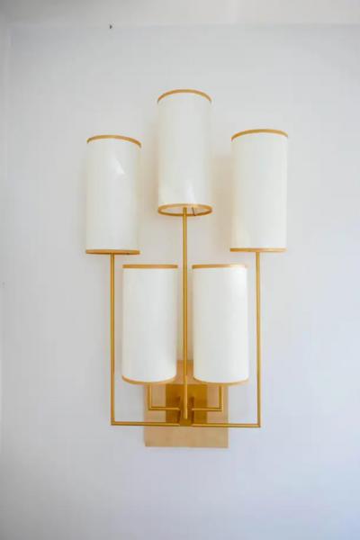 Aymeric Lefort New Gold Patina Pair of Wall Lamp Sconce in and White Fabric Lamp Shades