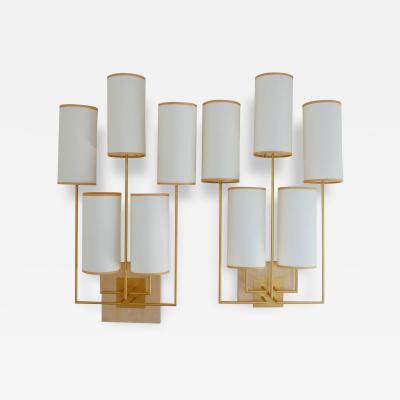 Aymeric Lefort New Gold Patina Pair of Wall Lamp Sconce in and White Fabric Lamp Shades