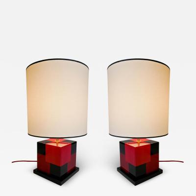 Aymeric Lefort New Pair of Table Lamps in Tinted Red and Black Marquetery by Aymeric Lefort