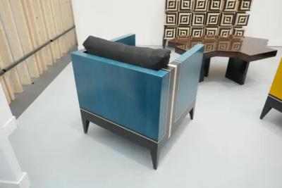 Aymeric Lefort Pair of Blue Marquetry Armairs Cube by Aymeric Lefort