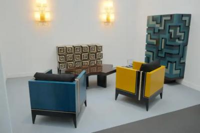 Aymeric Lefort Pair of Blue Marquetry Armairs Cube by Aymeric Lefort