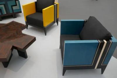 Aymeric Lefort Pair of Blue Marquetry Armairs Cube by Aymeric Lefort