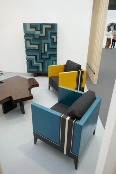 Aymeric Lefort Pair of Blue Marquetry Armairs Cube by Aymeric Lefort