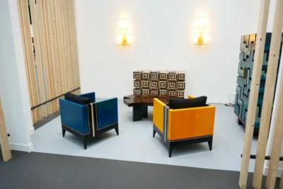 Aymeric Lefort Pair of Blue and Yellow Marquetery Armairs Cube by Aymeric Lefort