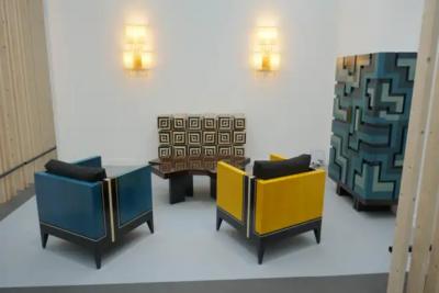 Aymeric Lefort Pair of Blue and Yellow Marquetery Armairs Cube by Aymeric Lefort