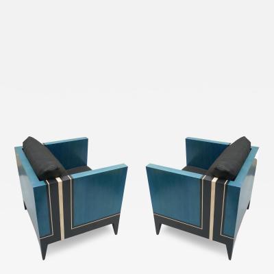 Aymeric Lefort Pair of Blue and Yellow Marquetery Armairs Cube by Aymeric Lefort