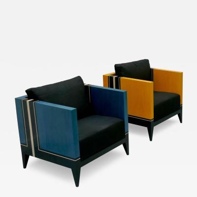 Aymeric Lefort Pair of Blue and Yellow Marquetery Armairs Cube by Aymeric Lefort