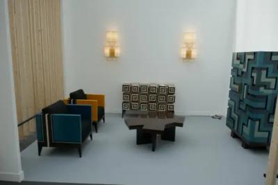 Aymeric Lefort Pair of Blue and Yellow Marquetry Armairs Cube by Aymeric Lefort