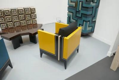 Aymeric Lefort Pair of Blue and Yellow Marquetry Armairs Cube by Aymeric Lefort