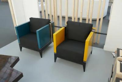 Aymeric Lefort Pair of Blue and Yellow Marquetry Armairs Cube by Aymeric Lefort