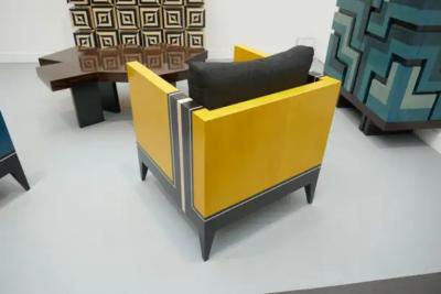 Aymeric Lefort Pair of Blue and Yellow Marquetry Armairs Cube by Aymeric Lefort