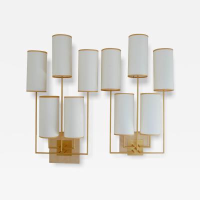 Aymeric Lefort Pair of Wall Lamp Sconce in Gold Patina and White Fabric Lamp Shades