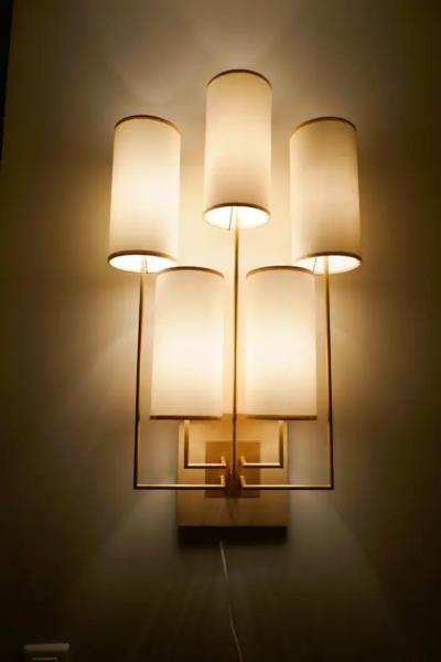 Aymeric Lefort Pair of Wall Lamp Sconce in Gold Patina and White Fabric Lamp Shades