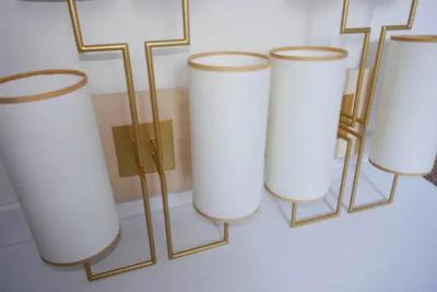 Aymeric Lefort Pair of Wall Lamp Sconce in Gold Patina and White Lamp Shades