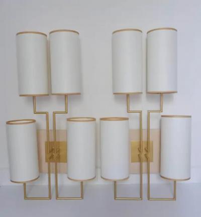 Aymeric Lefort Pair of Wall Lamp Sconce in Gold Patina and White Lamp Shades