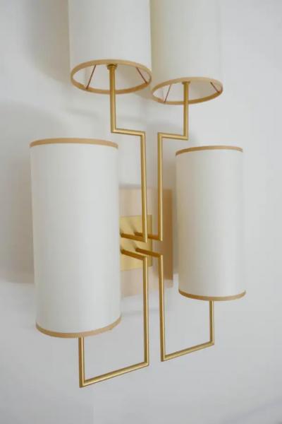 Aymeric Lefort Pair of Wall Lamp Sconce in Gold Patina and White Lamp Shades