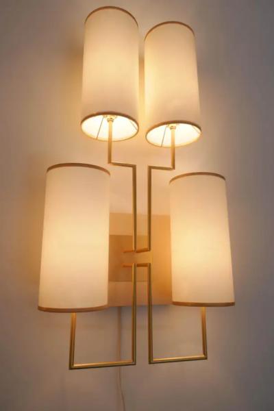 Aymeric Lefort Pair of Wall Lamp Sconce in Gold Patina and White Lamp Shades